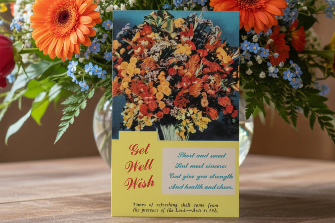 Vintage card with a bouquet of flowers and a get well wish message.