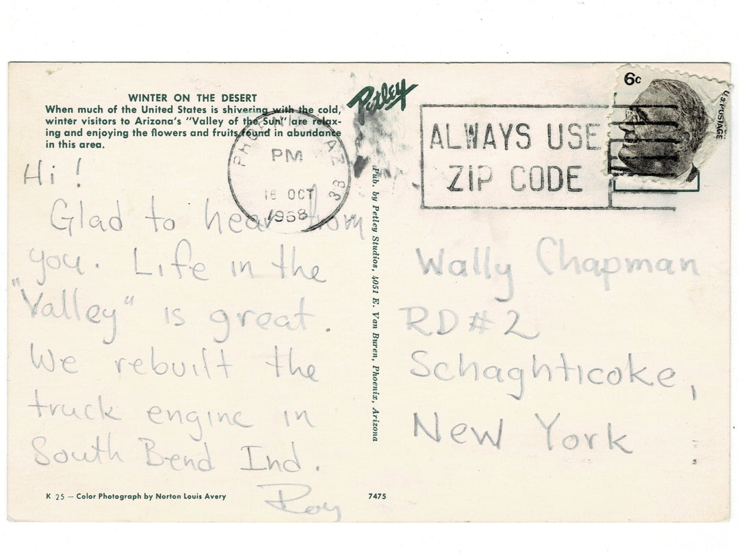 1960s Winter in the Valley of the Sun in Arizona Vintage Postcard, back view.