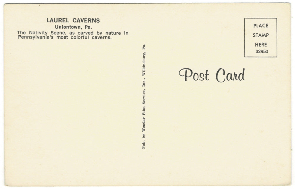 1950s Nativity Scene Laurel Caverns Farmington PA Vintage Postcard, back view.