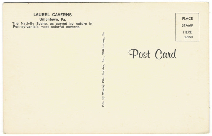 1950s Nativity Scene Laurel Caverns Farmington PA Vintage Postcard, back view.
