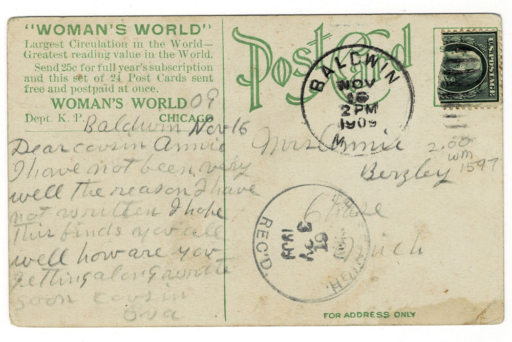 1909 Sunflowers For Luck Vintage Flora Postcard, back view.