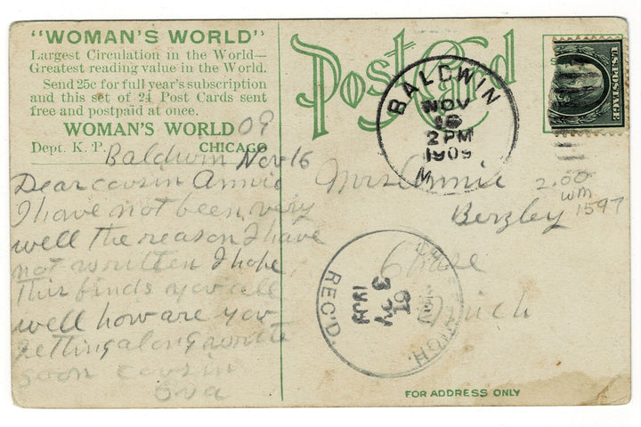 1909 Sunflowers For Luck Vintage Flora Postcard, back view.