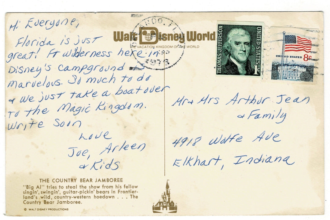Big Al Country Bear Jamboree, Disney World Florida Vintage Postcard, back view.