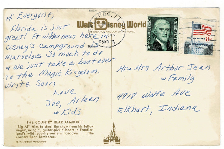 Big Al Country Bear Jamboree, Disney World Florida Vintage Postcard, back view.