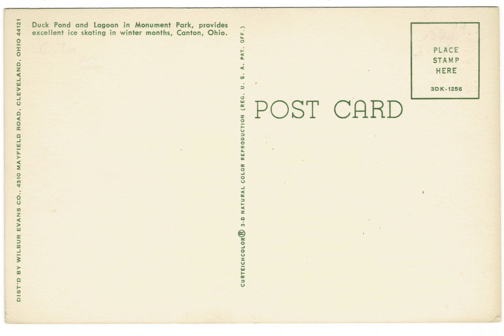 1960s Duck Pond in Monument Park in Canton, Ohio Vintage Postcard, back view.