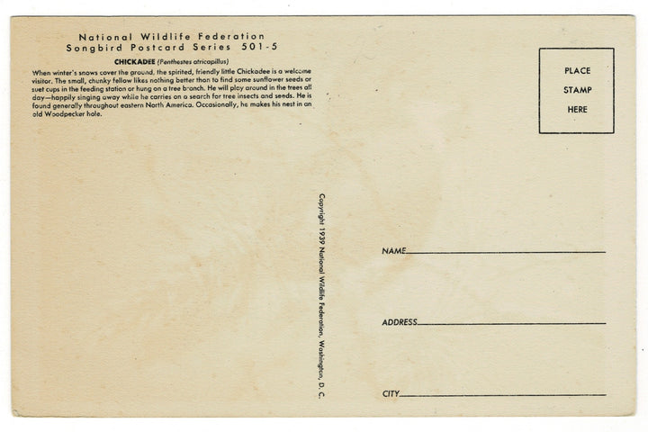 Back of a vintage postcard with 1939 Chickadee in the Snow.