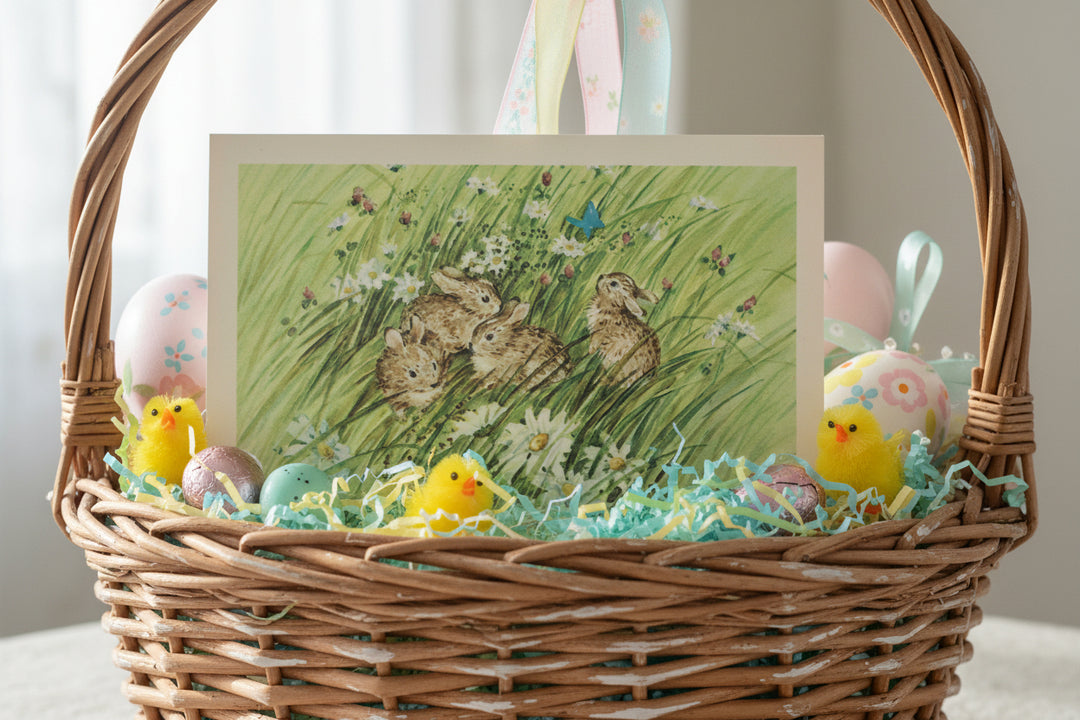 vintage postcard of four rabbits sitting in Easter basket.