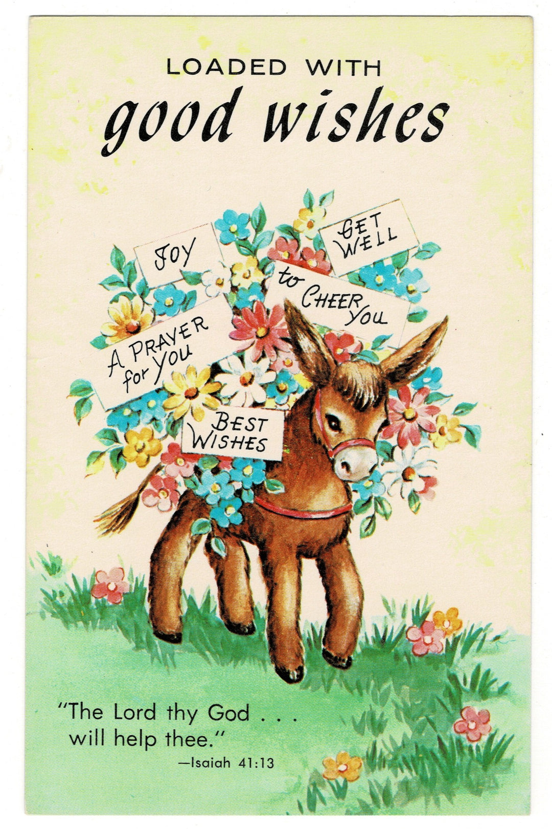 1960s Devotional Donkey Carries Baskets of Good Wishes Vintage Postcard.