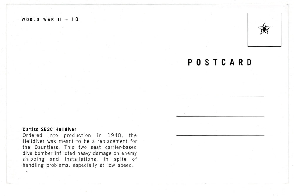 2000s Curtiss SB2C Helldiver WW2 Dive Bomber Vintage Postcard, back view.