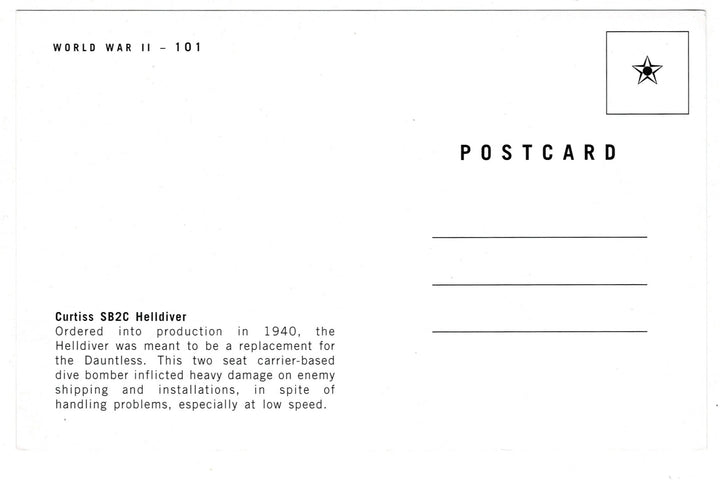 2000s Curtiss SB2C Helldiver WW2 Dive Bomber Vintage Postcard, back view.