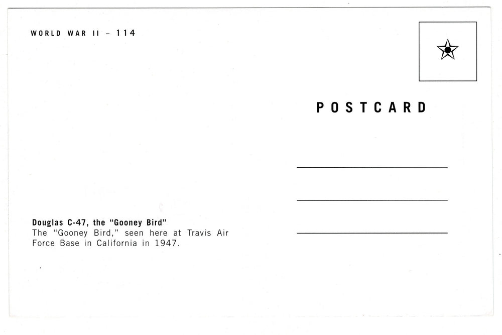 2000s Douglas C-47 Vintage Postcard, back vew.