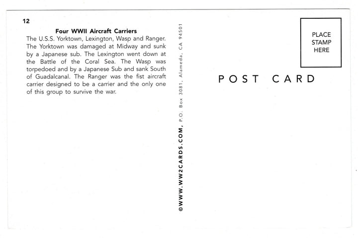 2000s WWII U.S. Aircraft Carriers Vintage Warships Postcard, back view.