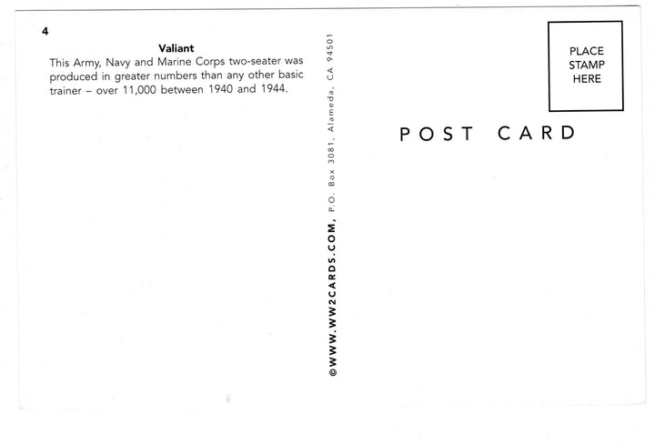 2000s Vultee BT-13 Valiant Vintage Postcard, back view.
