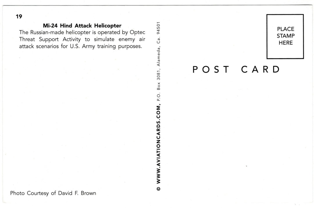 2000s Mi-24 Hind Attack Helicopter Gunship Vintage Aviation Postcard, back view.