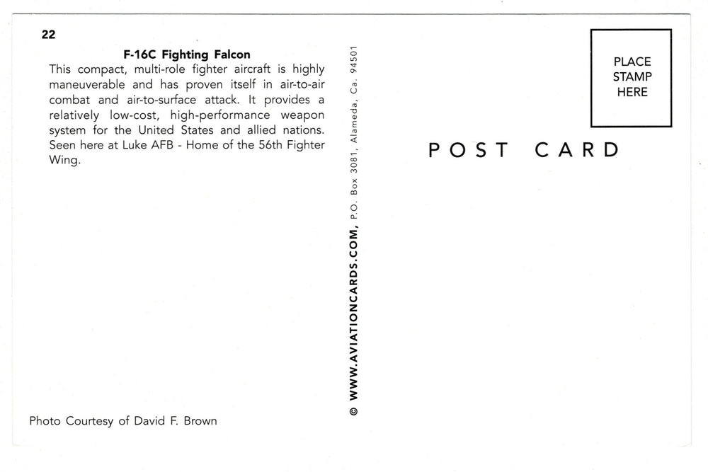 2000s F-16C Fighting Falcon Vintage Aviation Postcard, back view.