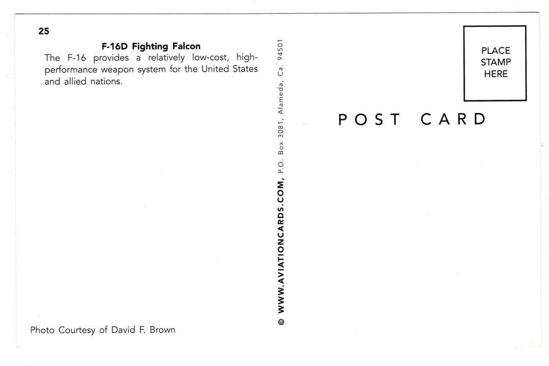 2000s F-16D Fighting Falcon, United States Air Force postcard, back view.