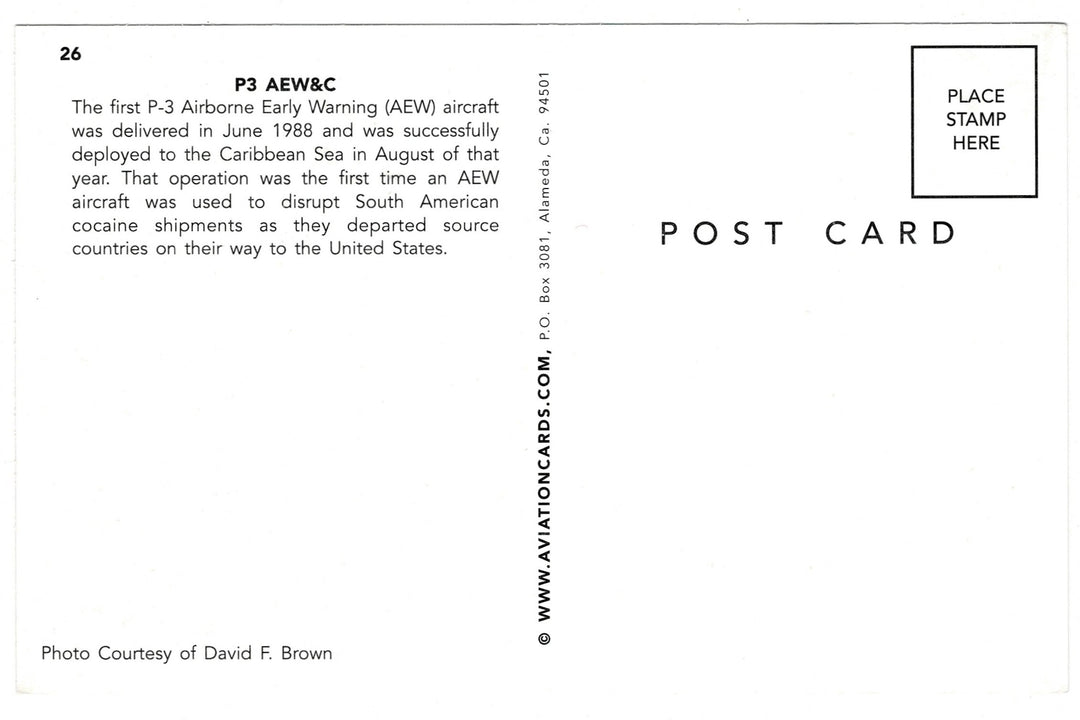 2000s P-3 AEW&C Airborne Early Warning Aircraft vintage postcard, back view.