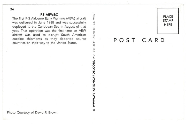 2000s P-3 AEW&C Airborne Early Warning Aircraft vintage postcard, back view.