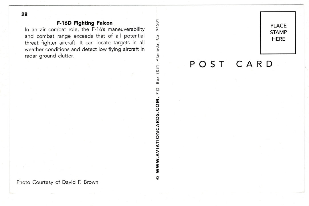 F-16D Fighting Falcon Vintage Aviation Postcard,, back view.