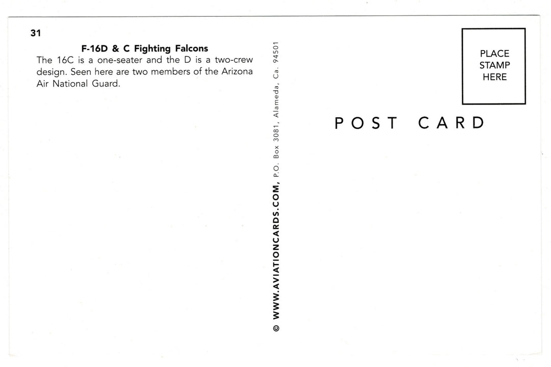 &nbsp;F-16D &amp; F-16C Fighting Falcons – Arizona Air National Guard postcard, back vew.