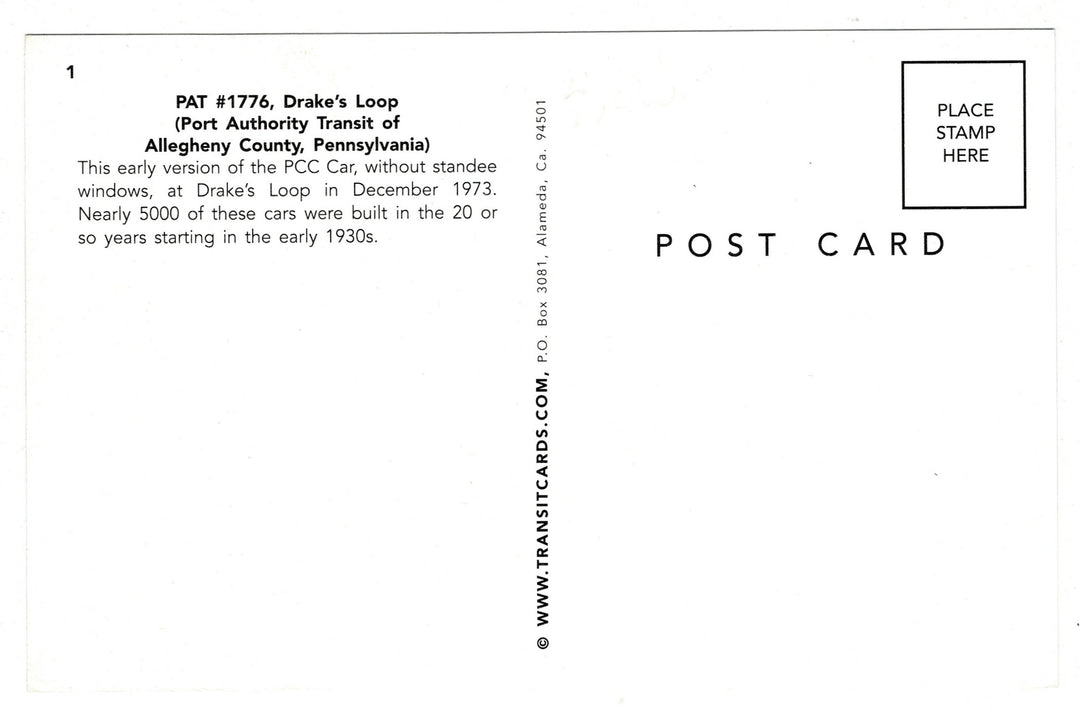 Port Authority “Spirit of 1776” Streetcar, Drake’s Loop Vintage Railroad Postcard, back view.