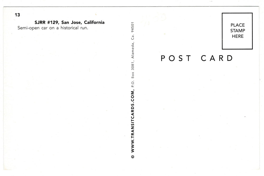  San Jose, California Historic Trolley Vintage Streetcar Postcard, back view.