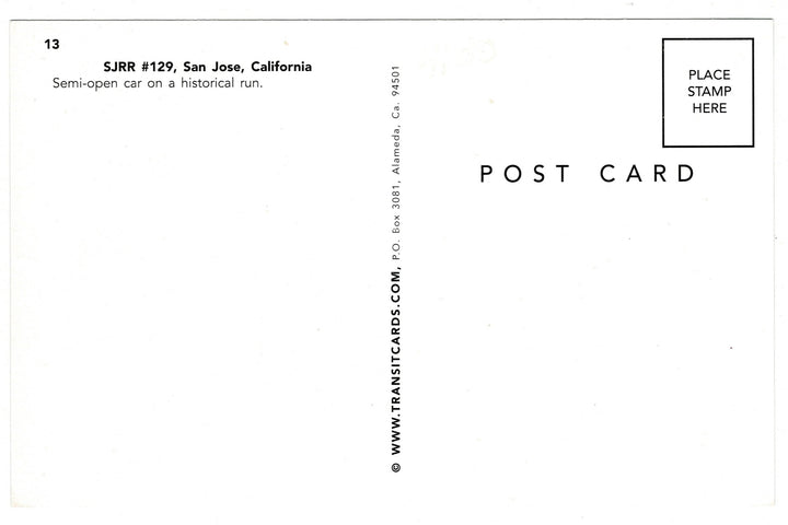  San Jose, California Historic Trolley Vintage Streetcar Postcard, back view.