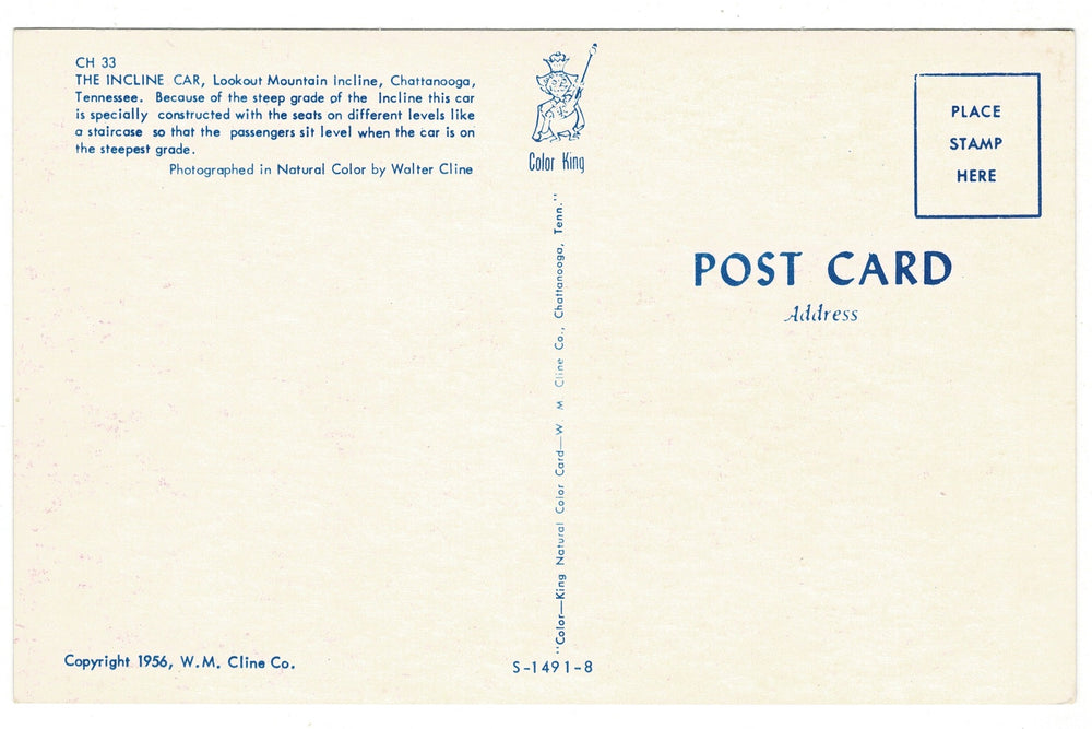  1956 Lookout Mountain Cable Car, Tennessee Vintage Railroad Postcard, back view.