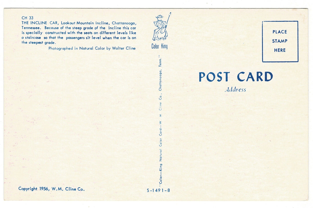  1956 Lookout Mountain Cable Car, Tennessee Vintage Railroad Postcard, back view.