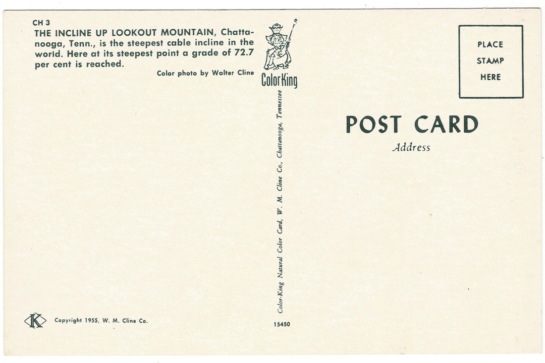  1955 Lookout Mountain Incline Cable Car Vintage Railroad Postcard, back view.