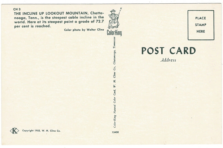  1955 Lookout Mountain Incline Cable Car Vintage Railroad Postcard, back view.