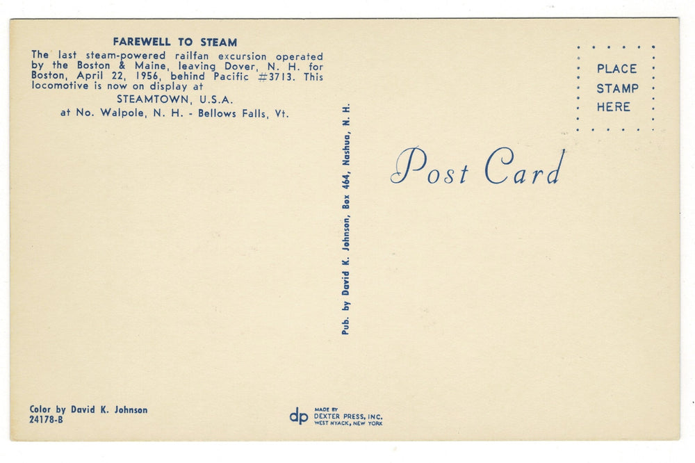 Steam Locomotive "The Constitution" 1969 Vintage Railroad Postcard, back view.