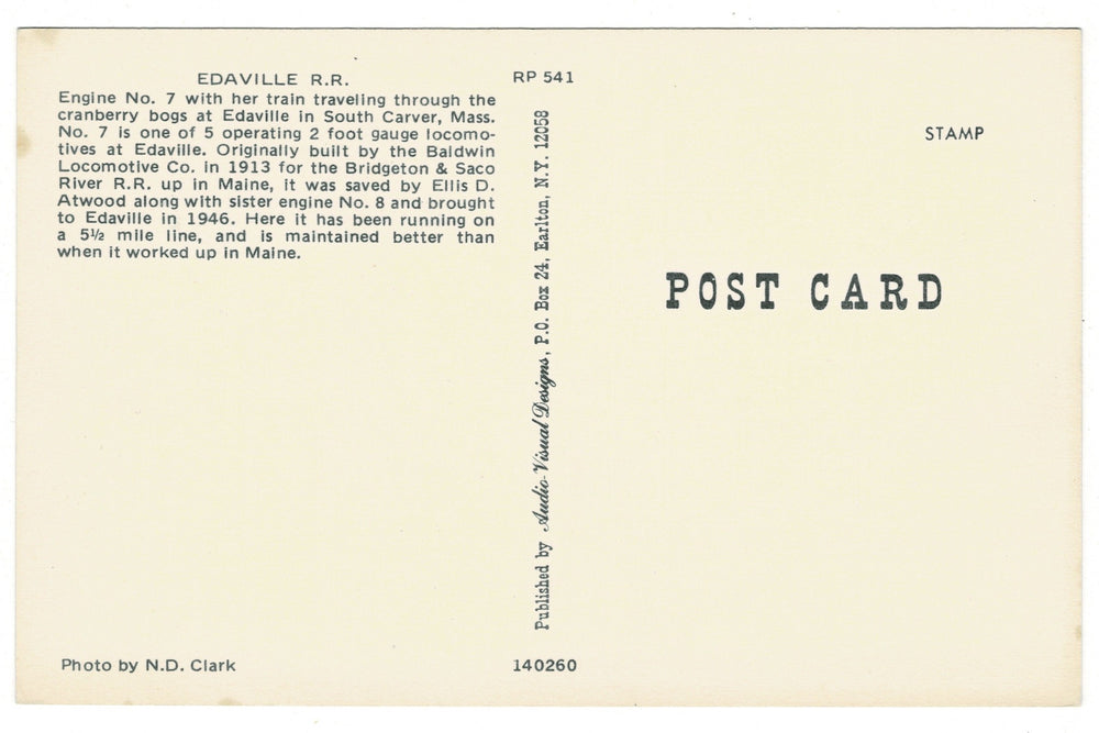 1960s Edaville Steam Engine No 7 Vintage Railroad Postcard, back view.