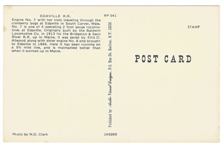 1960s Edaville Steam Engine No 7 Vintage Railroad Postcard, back view.