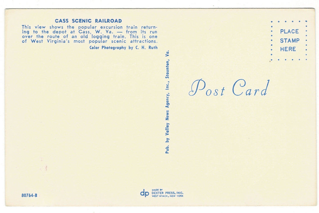 1960s Cass Scenic Railroad Steam Engine West Virginia Vintage Postcard, back view.