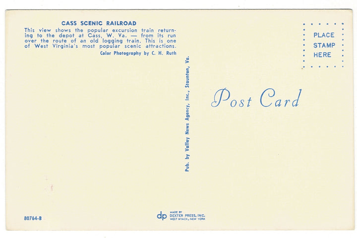 1960s Cass Scenic Railroad Steam Engine West Virginia Vintage Postcard, back view.