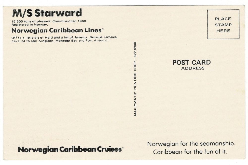 1960s MS Starward Caribbean Cruise Ship Vintage Postcard, backview