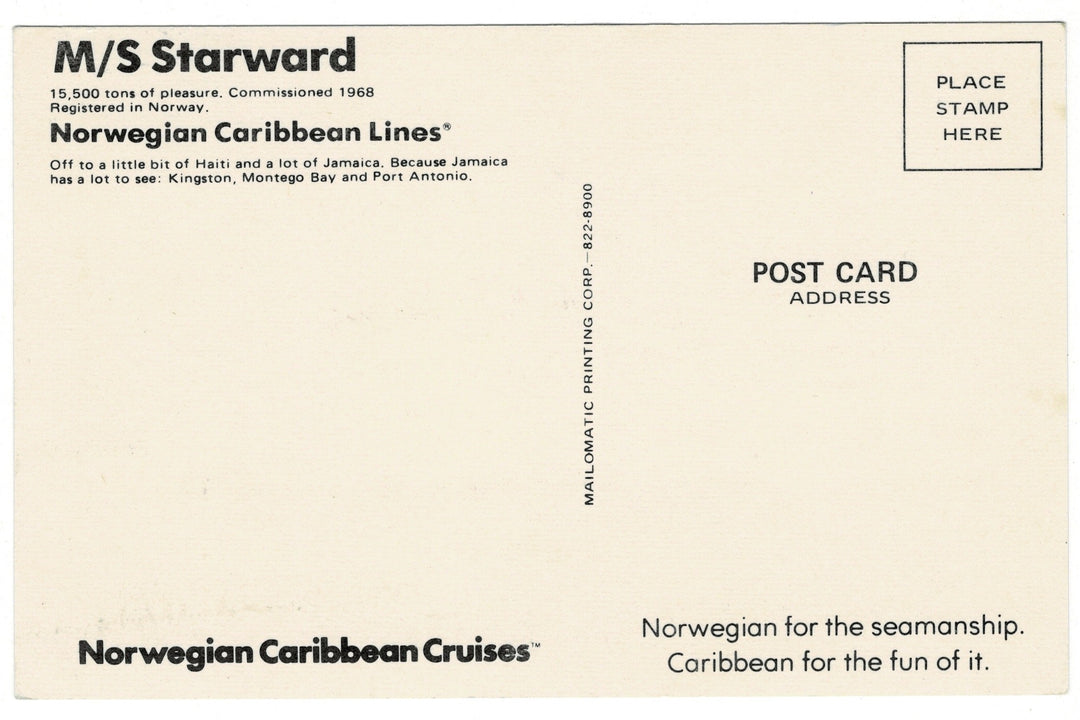 1960s MS Starward Caribbean Cruise Ship Vintage Postcard, backview