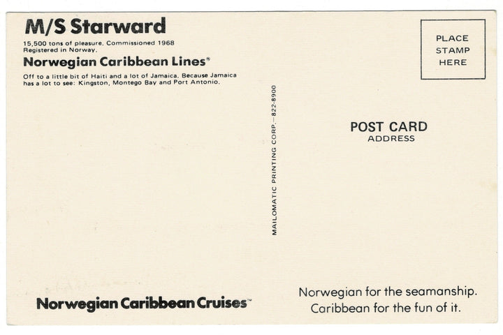 1960s MS Starward Caribbean Cruise Ship Vintage Postcard, backview