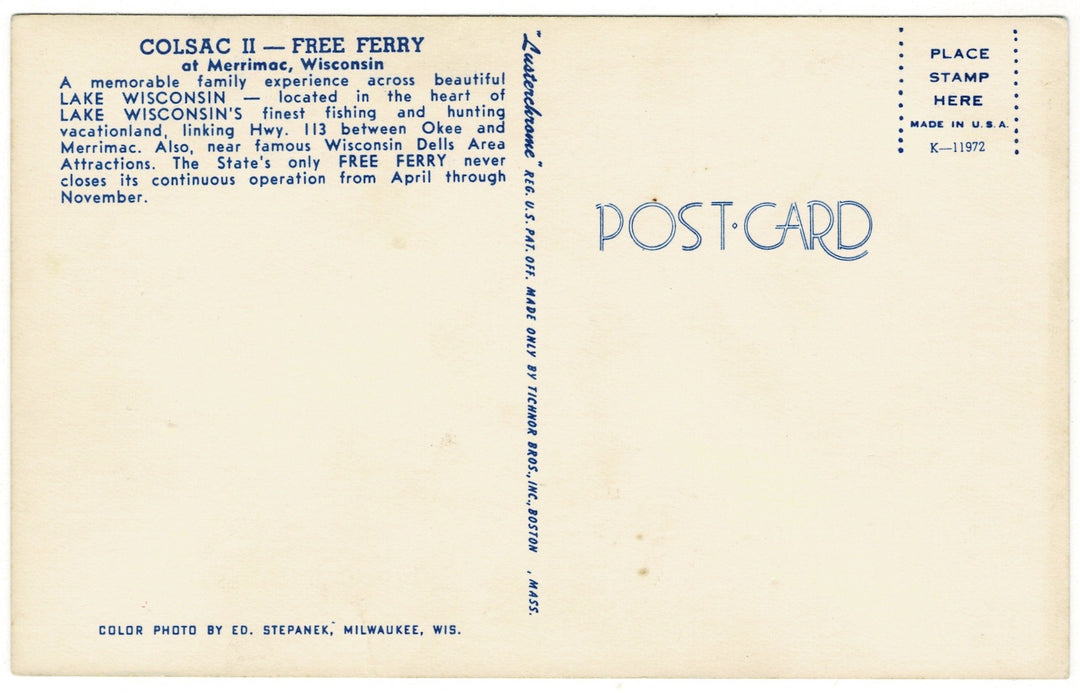Colsac II Wisconsin River Ferry Boat Vintage Transportation Postcard, back view.