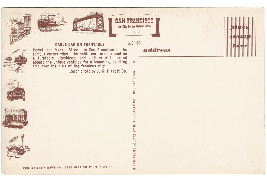 1950s San Francisco Cable Car Turntable Vintage Railroad Postcard, back view.