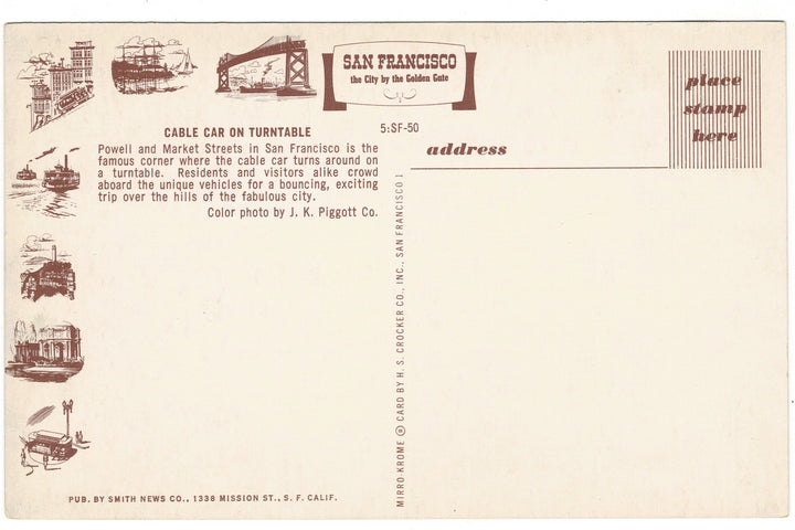 1950s San Francisco Cable Car Turntable Vintage Railroad Postcard, back view.