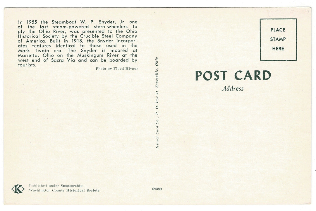 WP Snyder Jr. Sternwheel Steam Towboat Vintage Transportation Postcard, bac view.