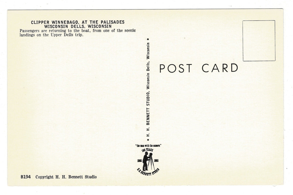 Clipper Winnebago at The Palisades Wisconsin Dells Vintage Postcard, back view.