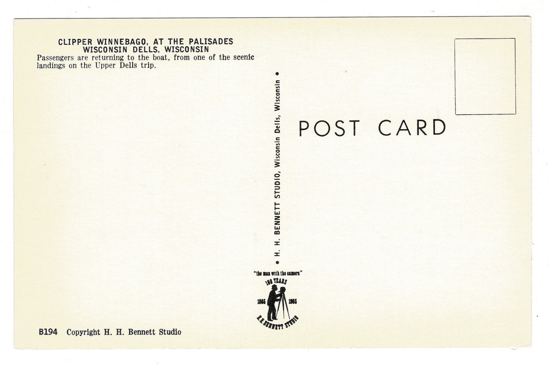 Clipper Winnebago at The Palisades Wisconsin Dells Vintage Postcard, back view.