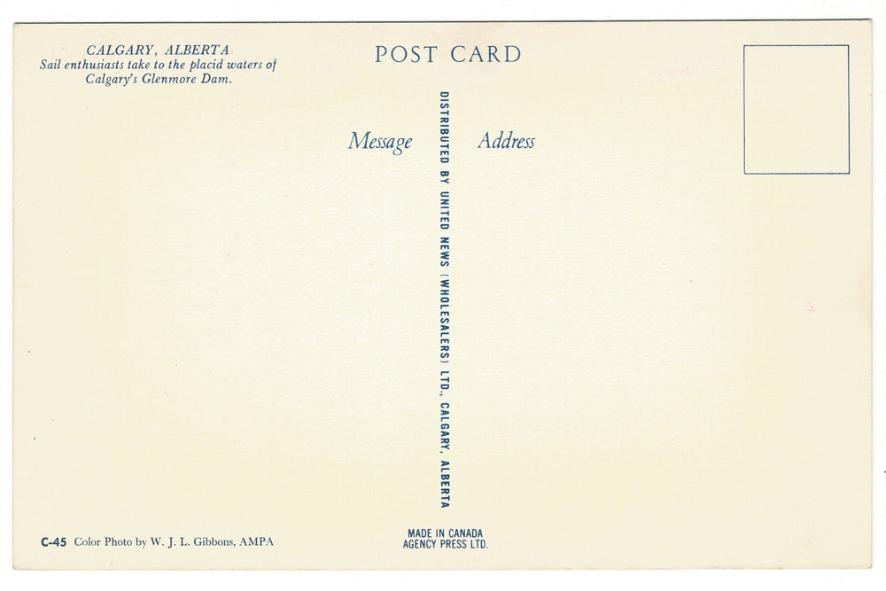 1960 Sailing on Calgary’s Glenmore Dam, Canada Vintage Boat Postcard, back view.