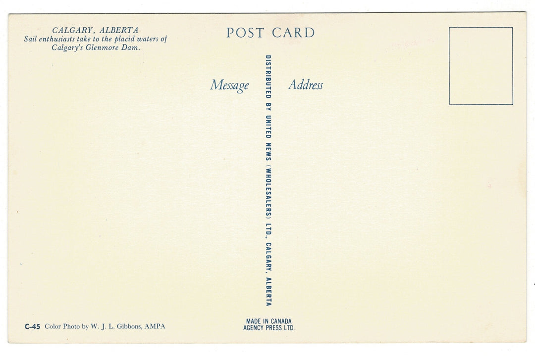1960 Sailing on Calgary’s Glenmore Dam, Canada Vintage Boat Postcard, back view.