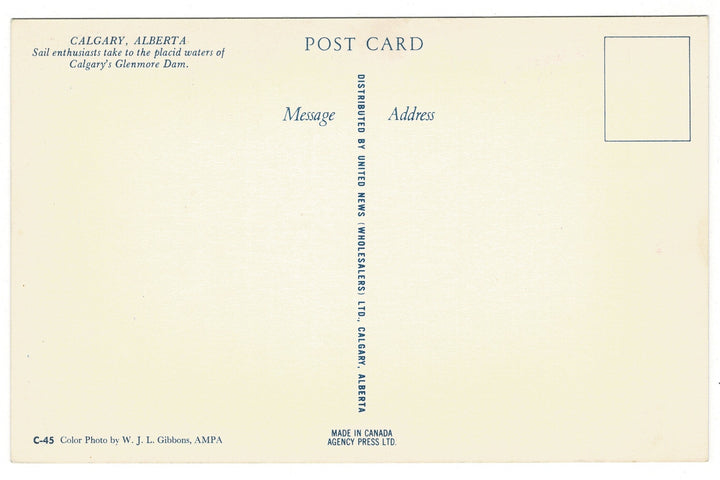 1960 Sailing on Calgary’s Glenmore Dam, Canada Vintage Boat Postcard, back view.