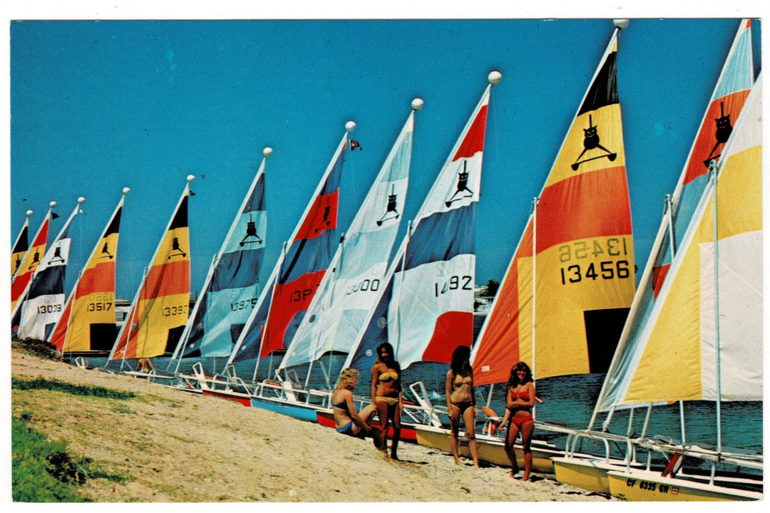 1970 Aqua Cat Sailboats and Brach Babes Vintage California Postcard.