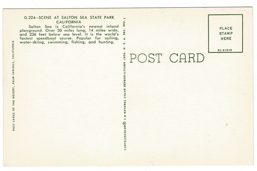 Back of a vintage postcard from Salton Sea, California with text and a stamp area.